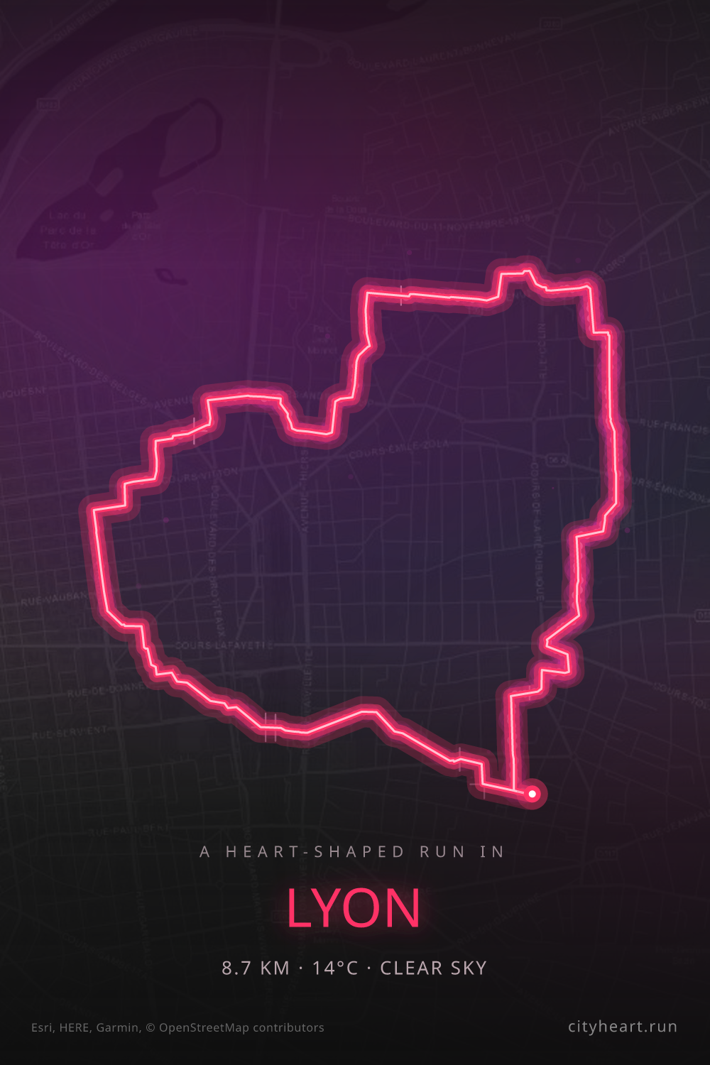 Heart-shaped running route in Lyon, 8.7 km — GPS art for Strava