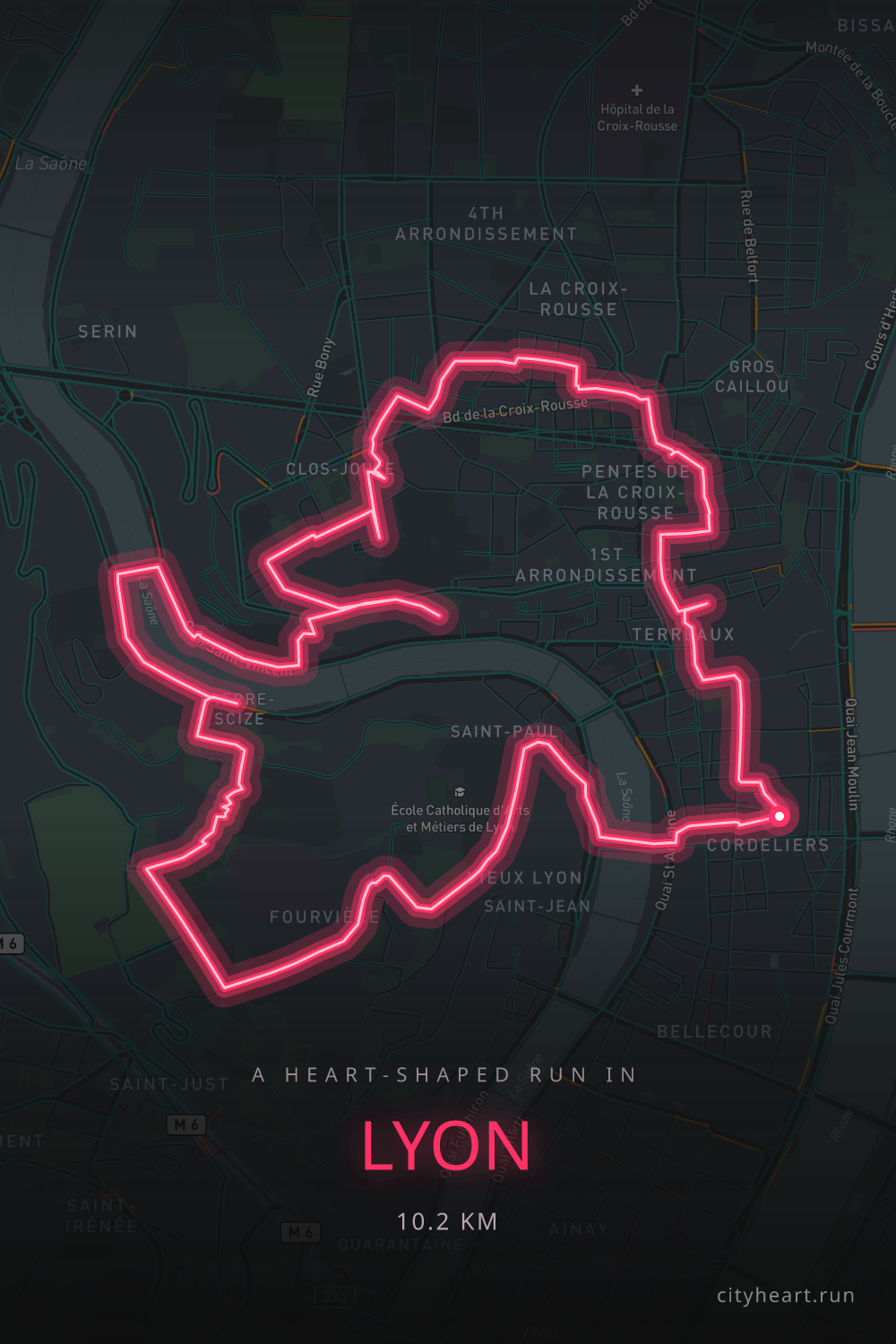 Heart-shaped running route in Lyon, 11.6 km — GPS art for Strava