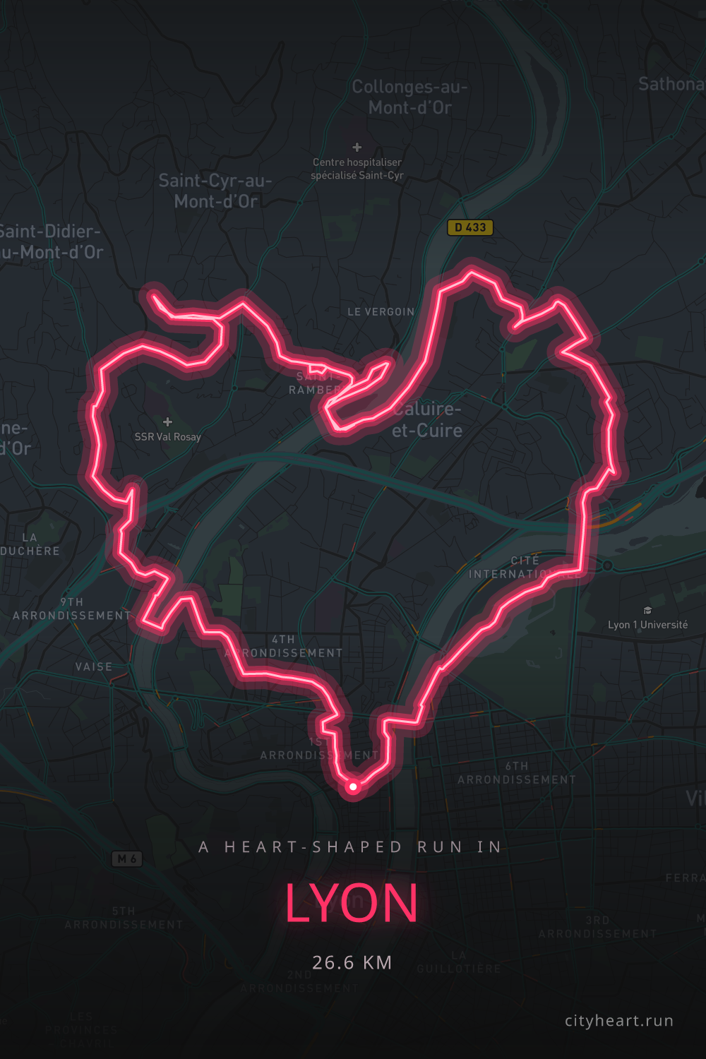 Heart-shaped running route in Lyon, 27.4 km — GPS art for Strava