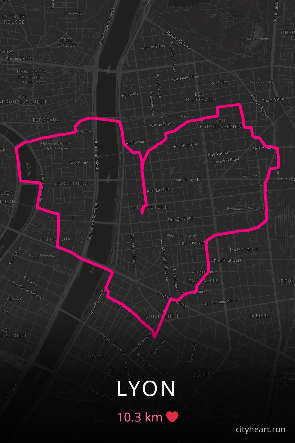 Heart-shaped running route in Lyon, 10.3 km — GPS art for Strava