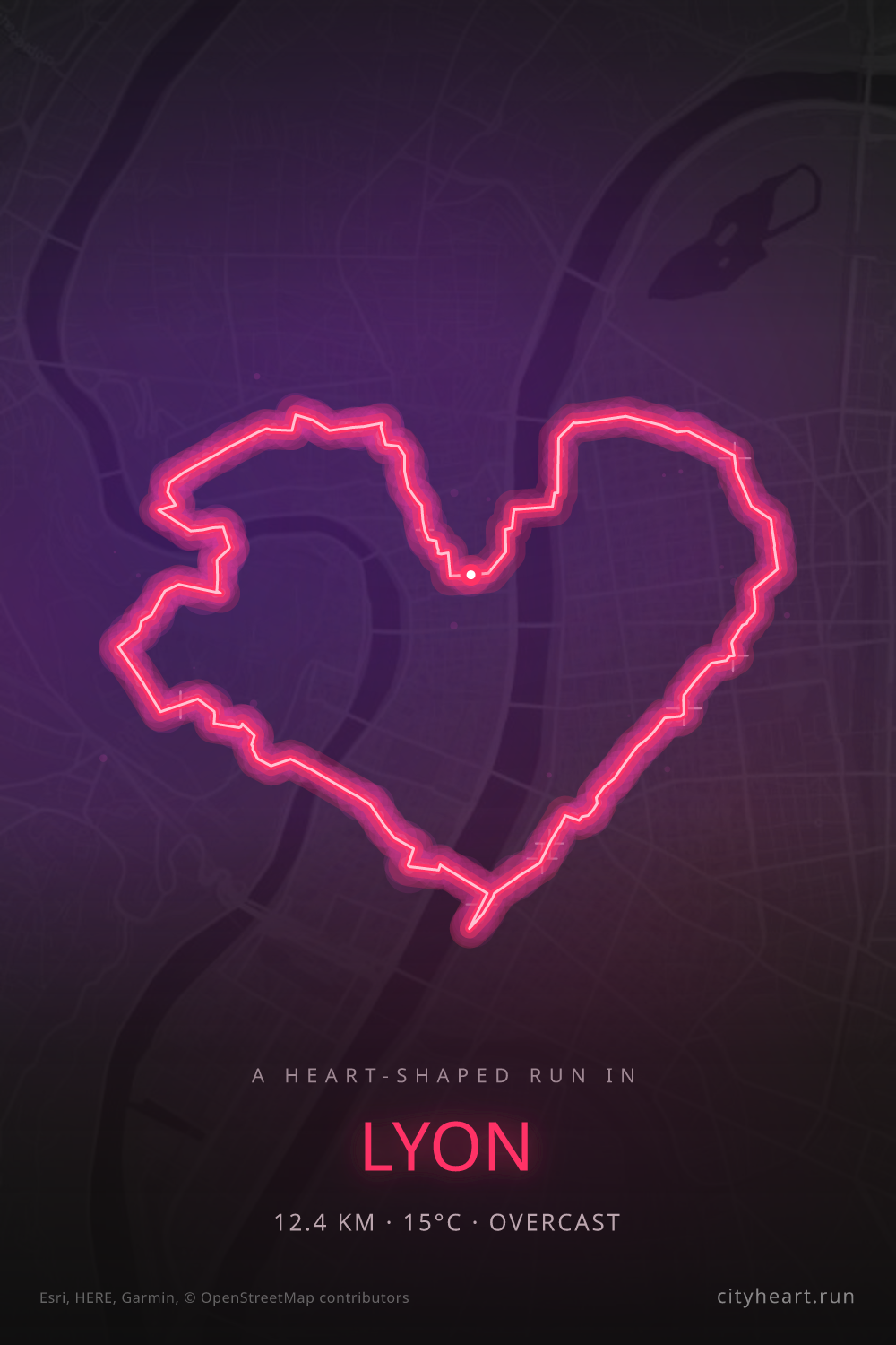 Heart-shaped running route in Lyon, 12.4 km — GPS art for Strava
