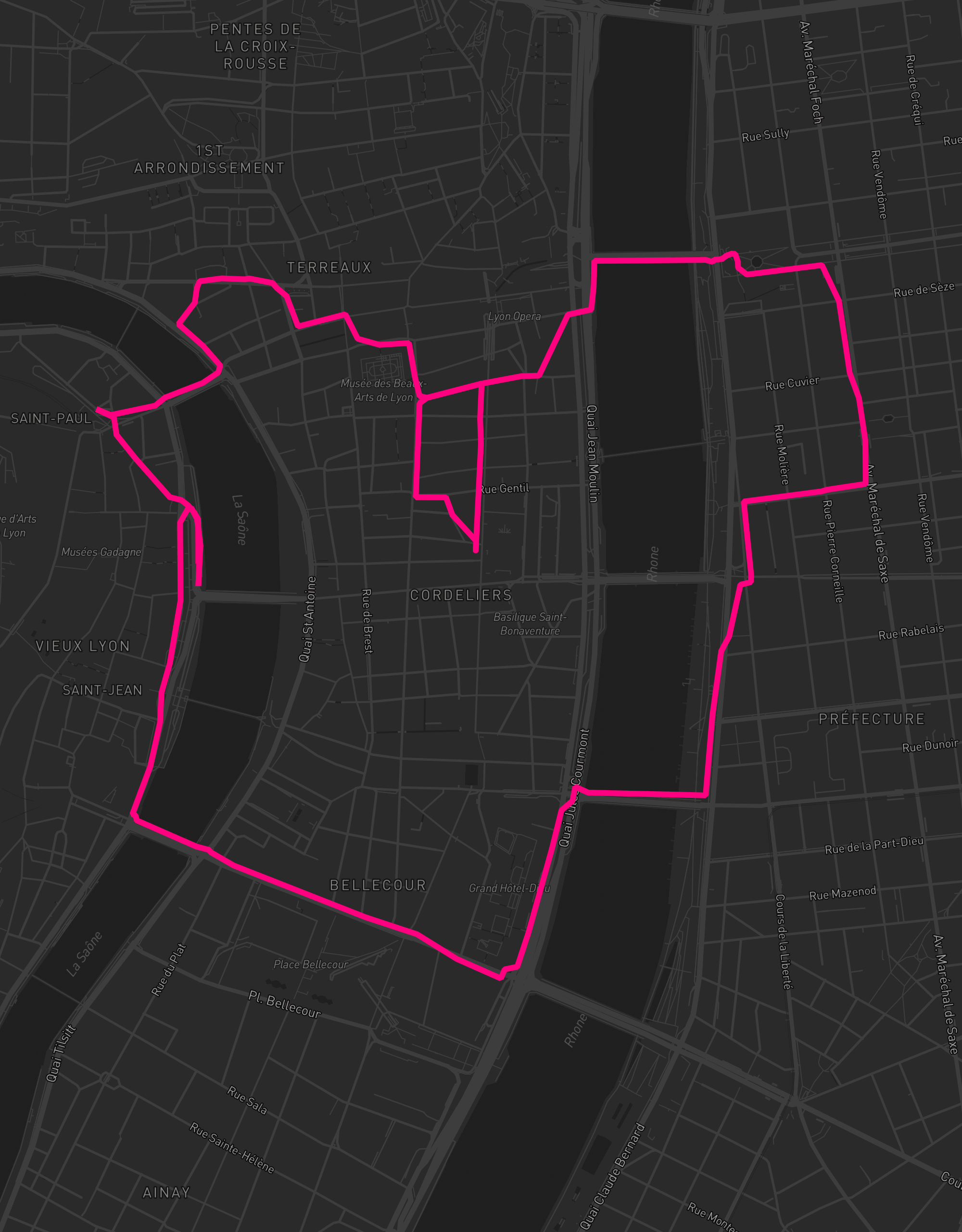 Heart-shaped running route in Lyon, 6.7 km — GPS art for Strava
