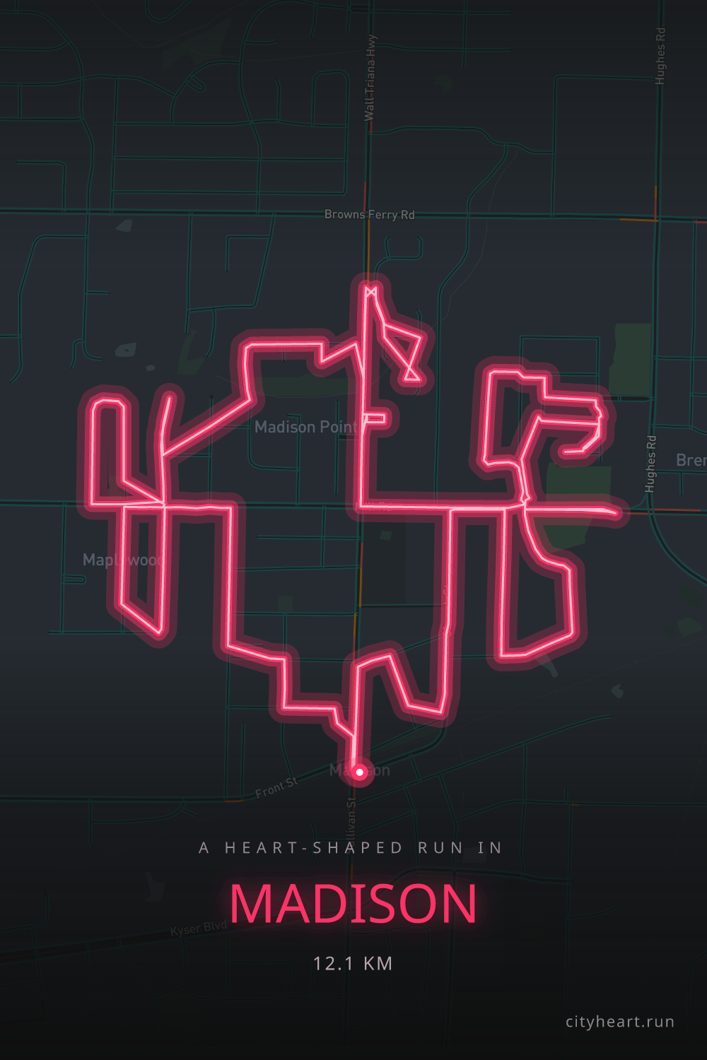 Heart-shaped running route in Madison, 12.2 km — GPS art for Strava