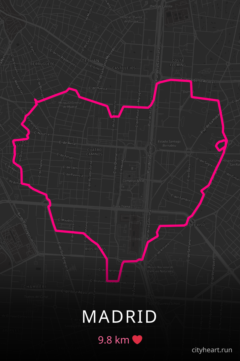 Heart-shaped running route in Madrid, 9.8 km — GPS art for Strava