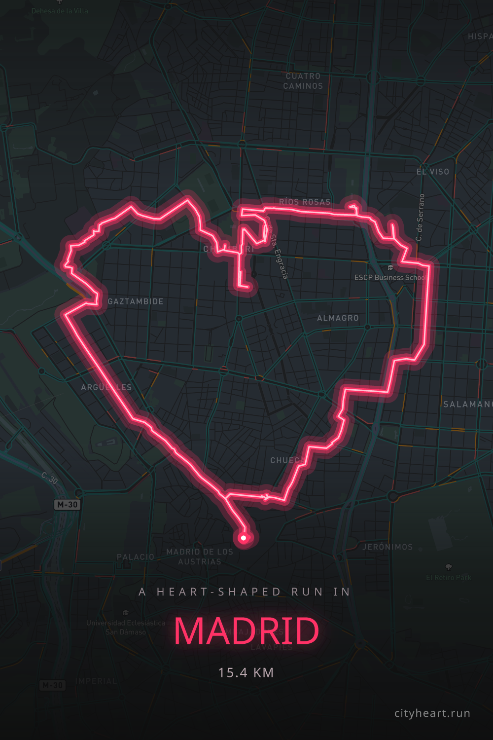 Heart-shaped running route in Madrid, 16.4 km — GPS art for Strava
