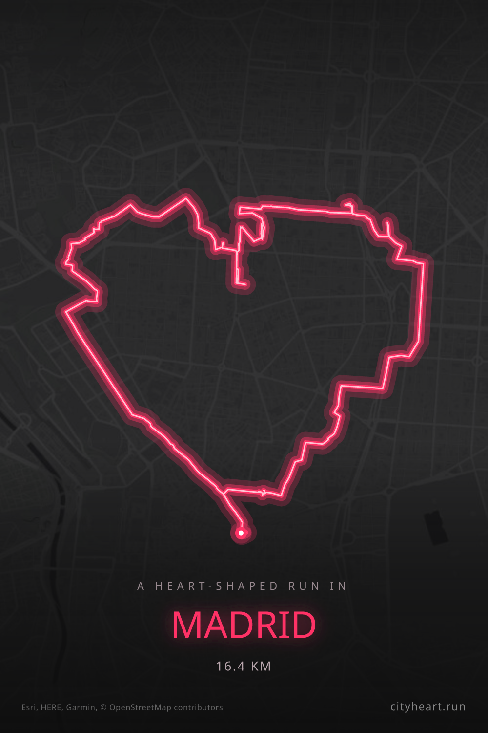 Heart-shaped running route in Madrid, 16.4 km — GPS art for Strava