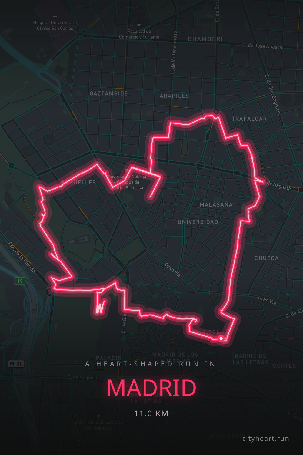 Heart-shaped running route in Madrid, 11.0 km — GPS art for Strava