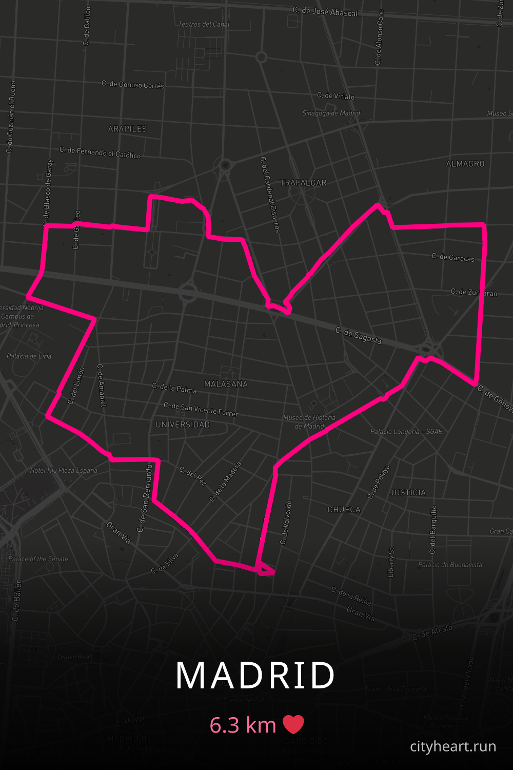 Heart-shaped running route in Madrid, 6.3 km — GPS art for Strava