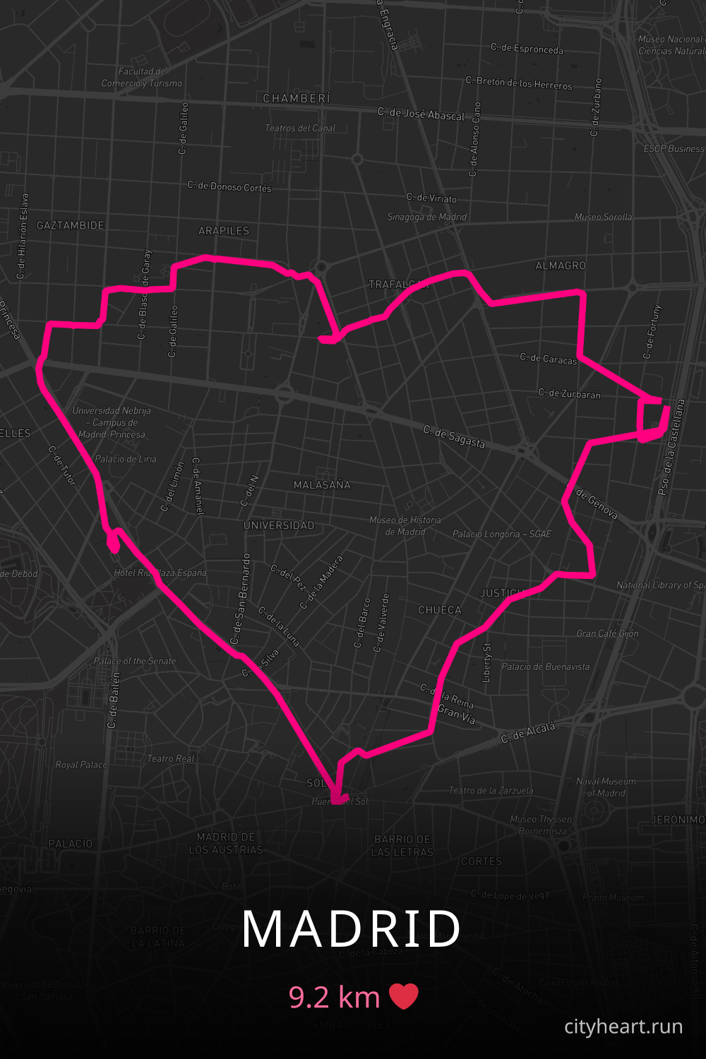 Heart-shaped running route in Madrid, 9.2 km — GPS art for Strava