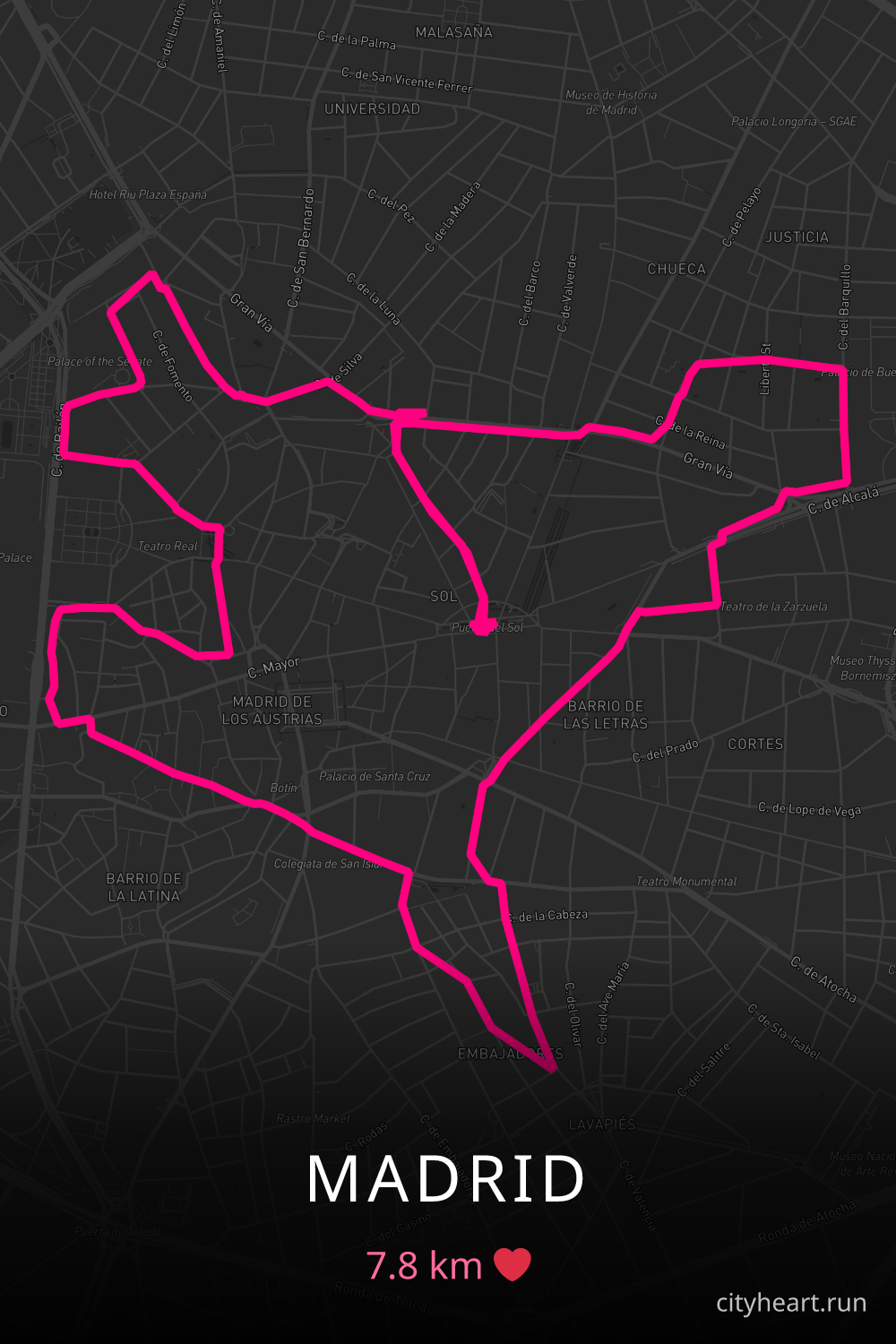 Heart-shaped running route in Madrid, 7.8 km — GPS art for Strava