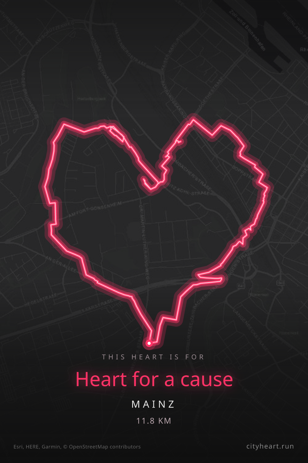 Heart-shaped running route in Mainz, 11.8 km — GPS art for Strava