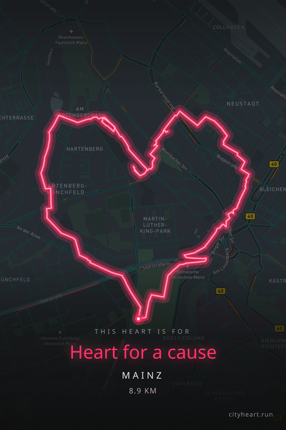 Heart-shaped running route in Mainz, 11.8 km — GPS art for Strava