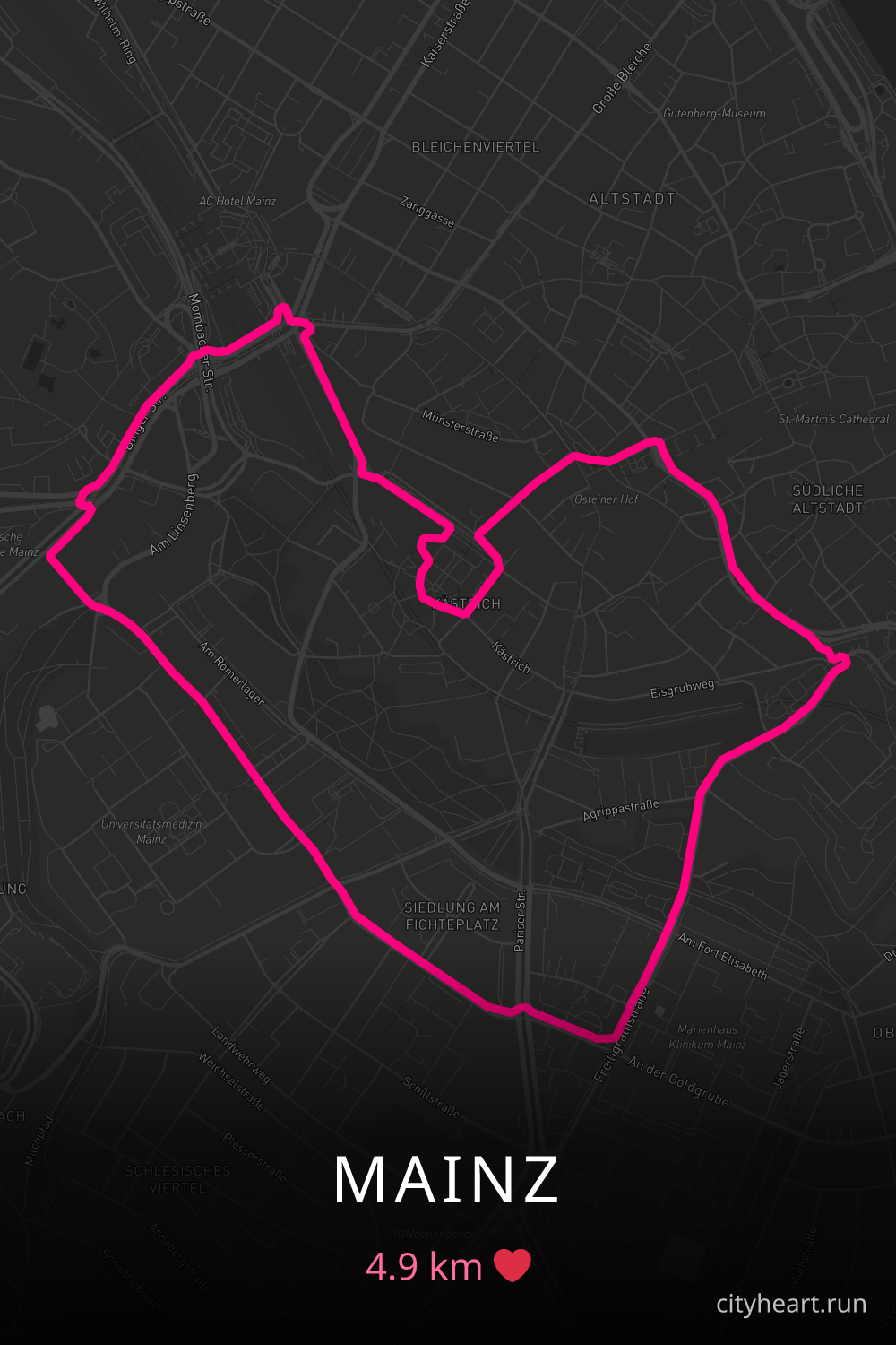 Heart-shaped running route in Mainz, 4.9 km — GPS art for Strava
