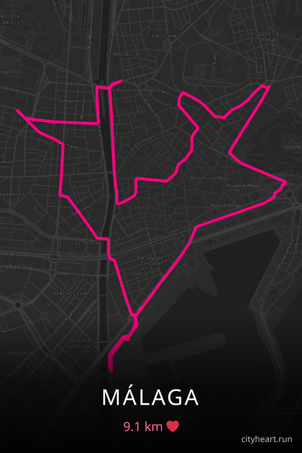 Heart-shaped running route in Málaga, 9.1 km — GPS art for Strava