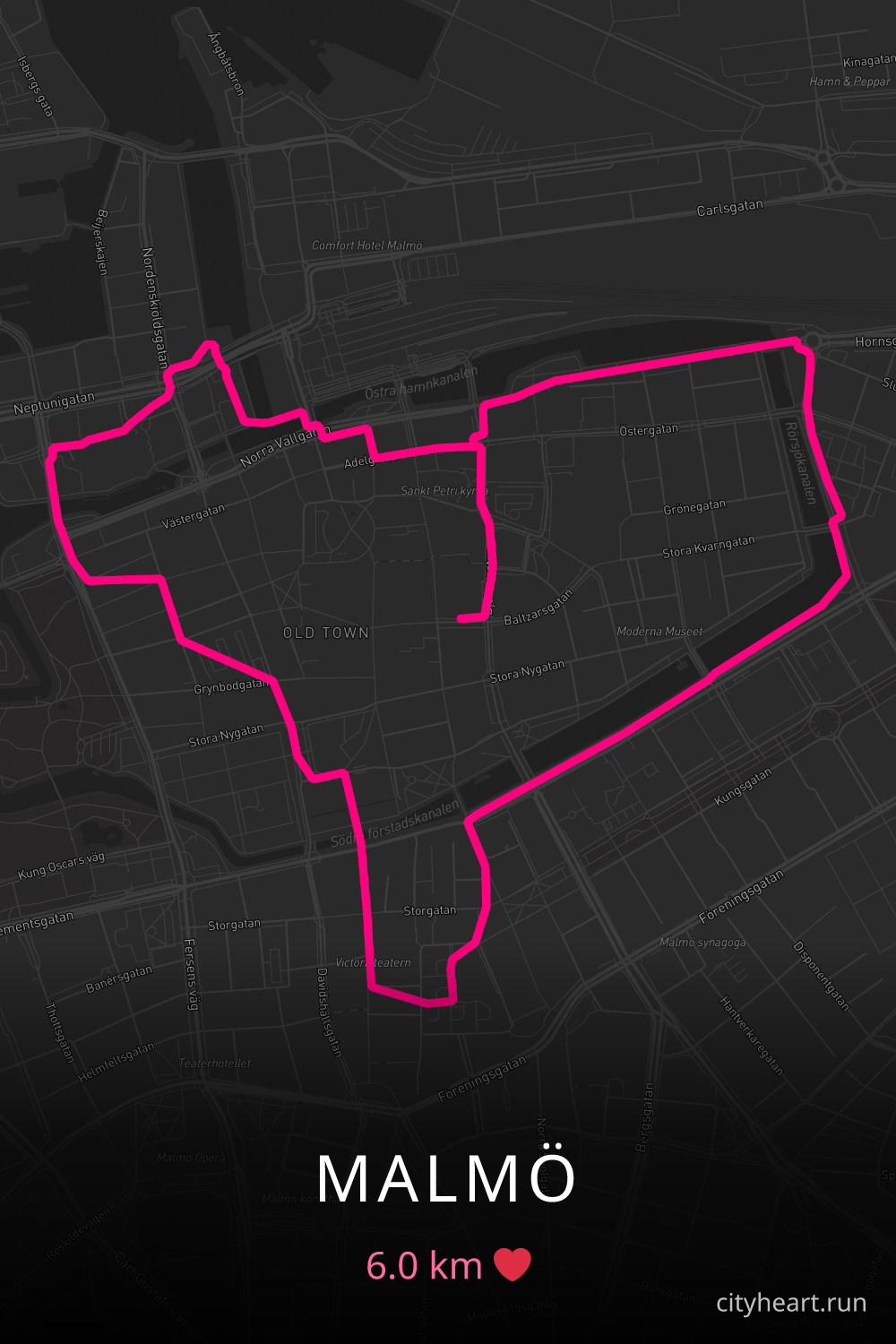 Heart-shaped running route in Malmö, 6.0 km — GPS art for Strava