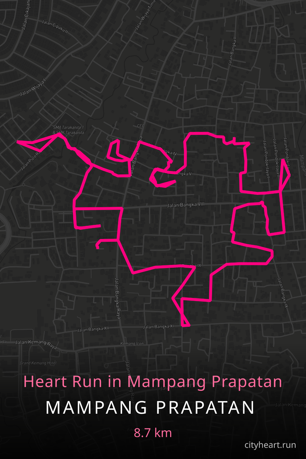 Heart-shaped running route in Mampang Prapatan, 9.3 km — GPS art for Strava