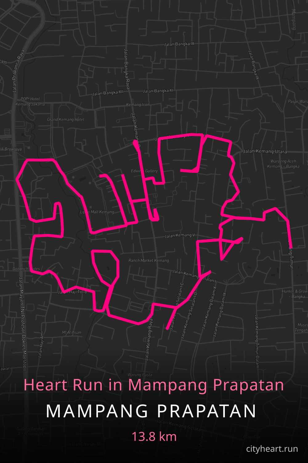 Heart-shaped running route in Mampang Prapatan, 14.8 km — GPS art for Strava