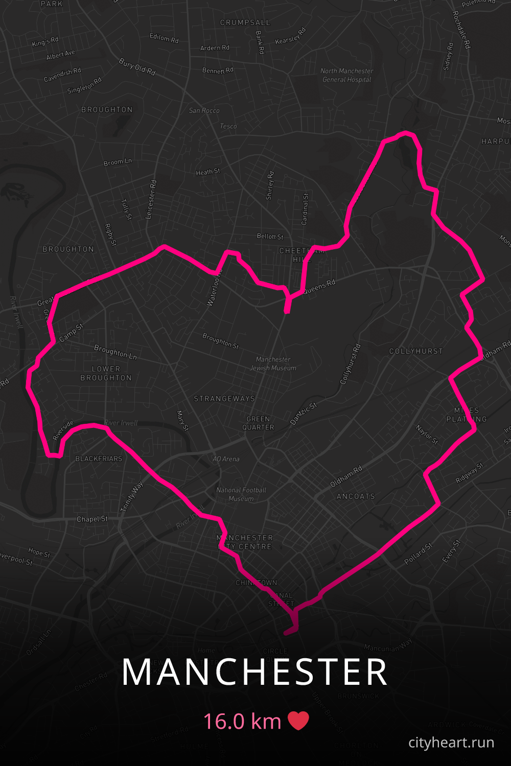 Heart-shaped running route in Manchester, 16.0 km — GPS art for Strava