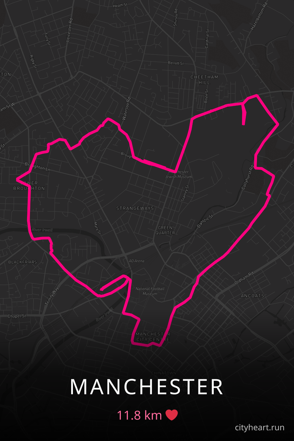 Heart-shaped running route in Manchester, 11.8 km — GPS art for Strava