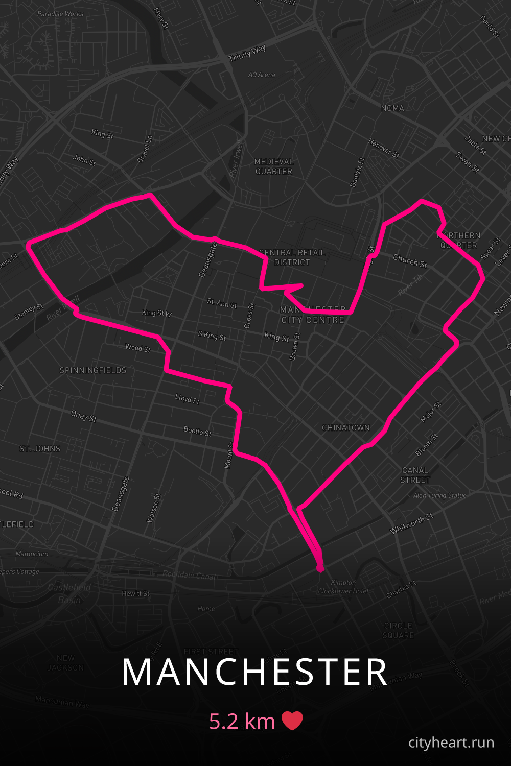 Heart-shaped running route in Manchester, 5.2 km — GPS art for Strava