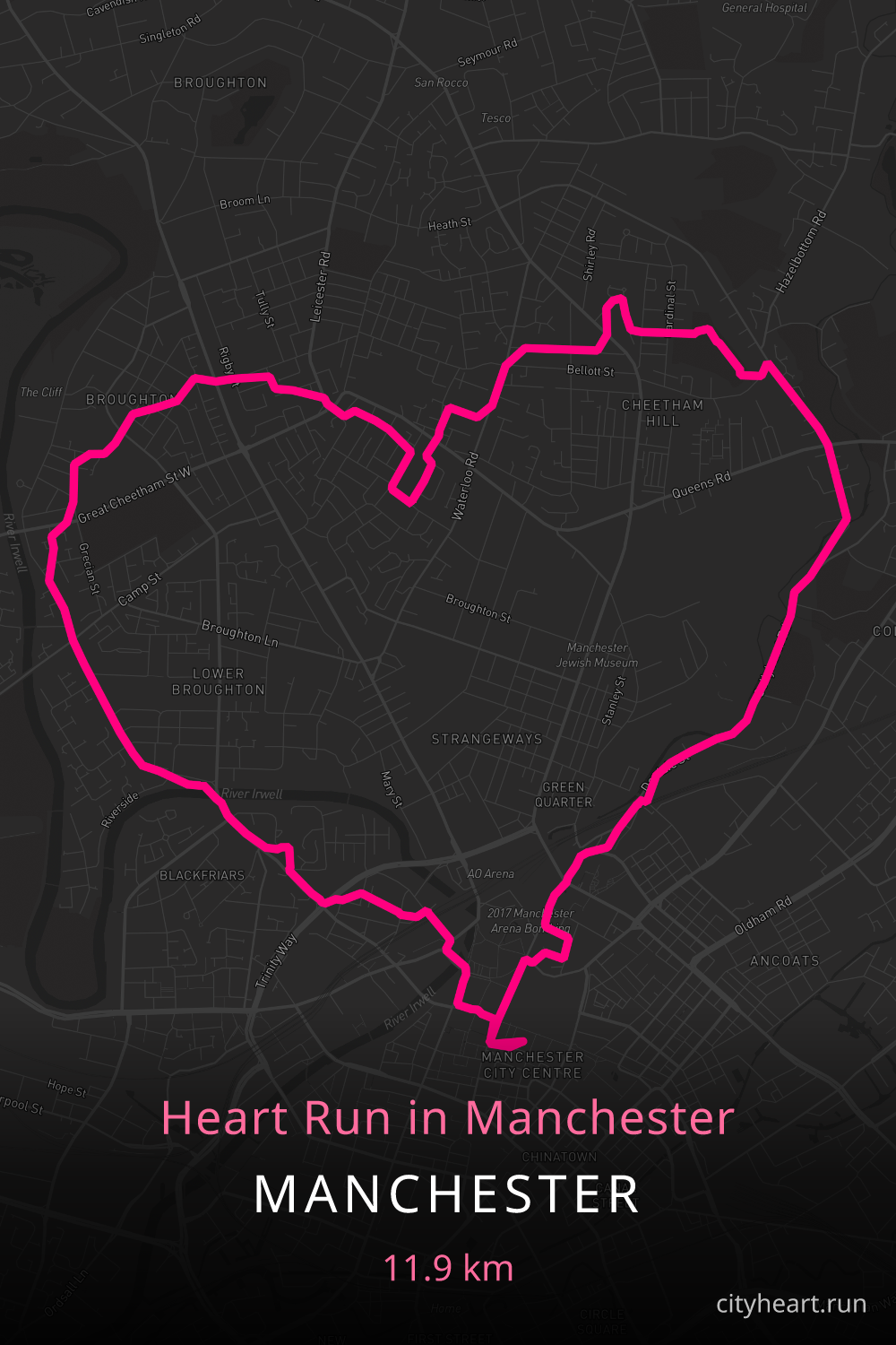 Heart-shaped running route in Manchester, 13.3 km — GPS art for Strava