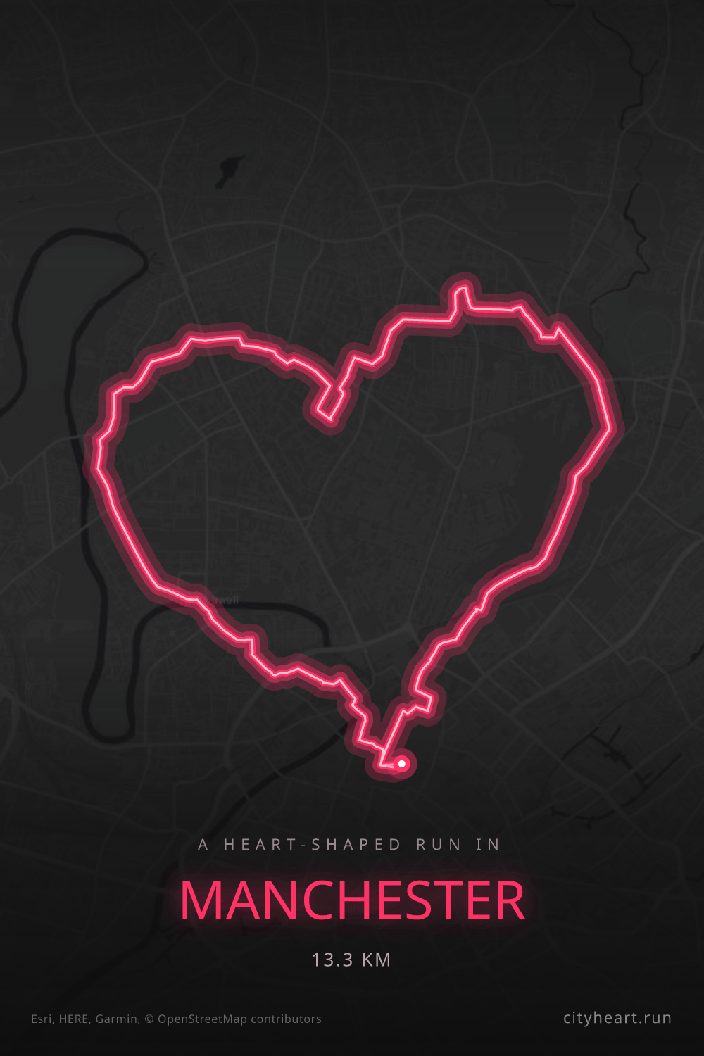 Heart-shaped running route in Manchester, 13.3 km — GPS art for Strava