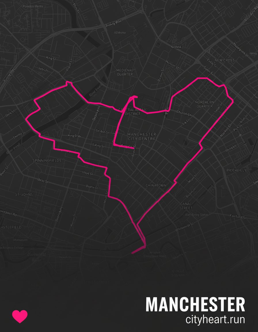 Heart-shaped running route in Manchester, 6.8 km — GPS art for Strava
