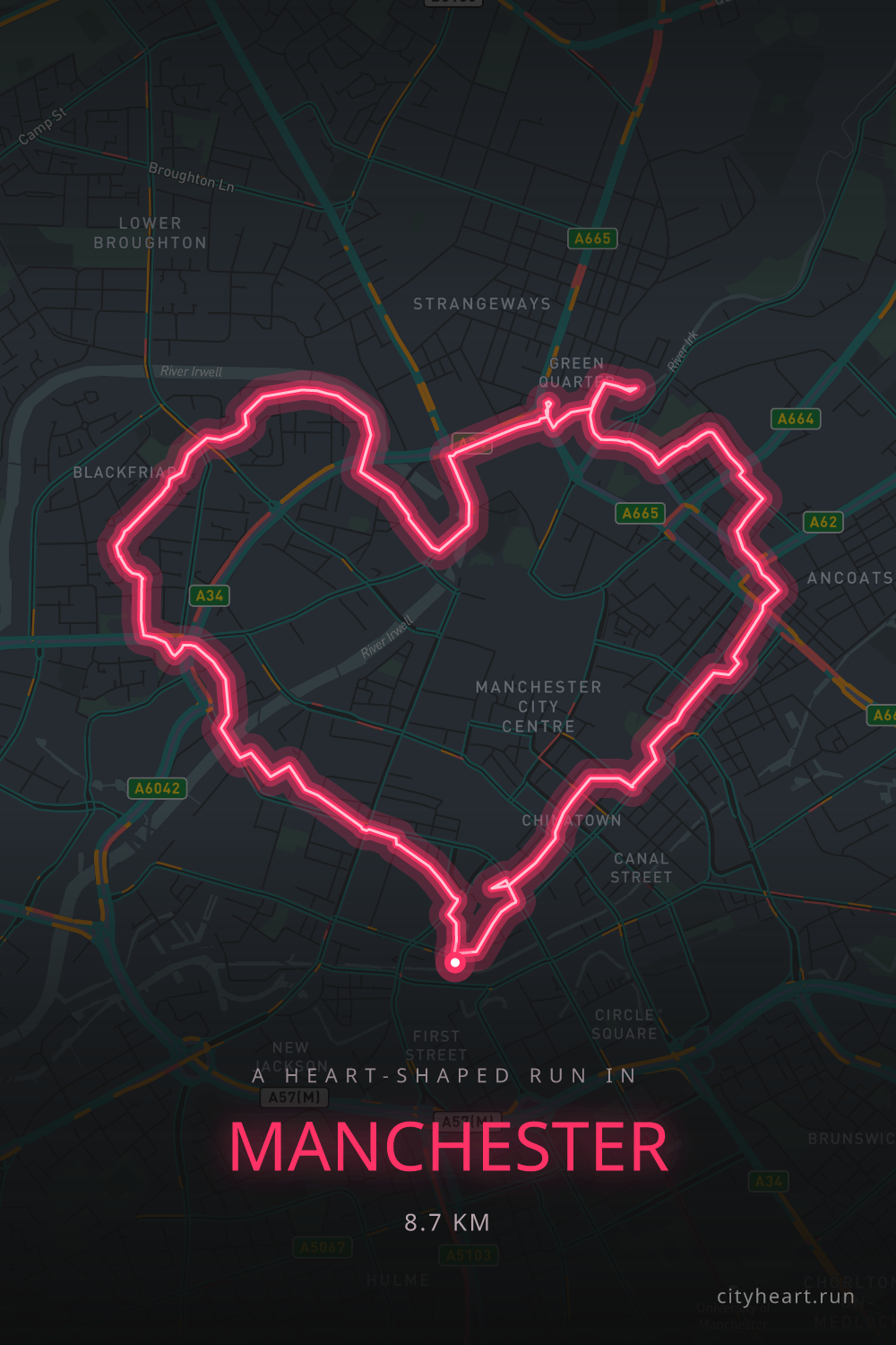 Heart-shaped running route in Manchester, 10.0 km — GPS art for Strava