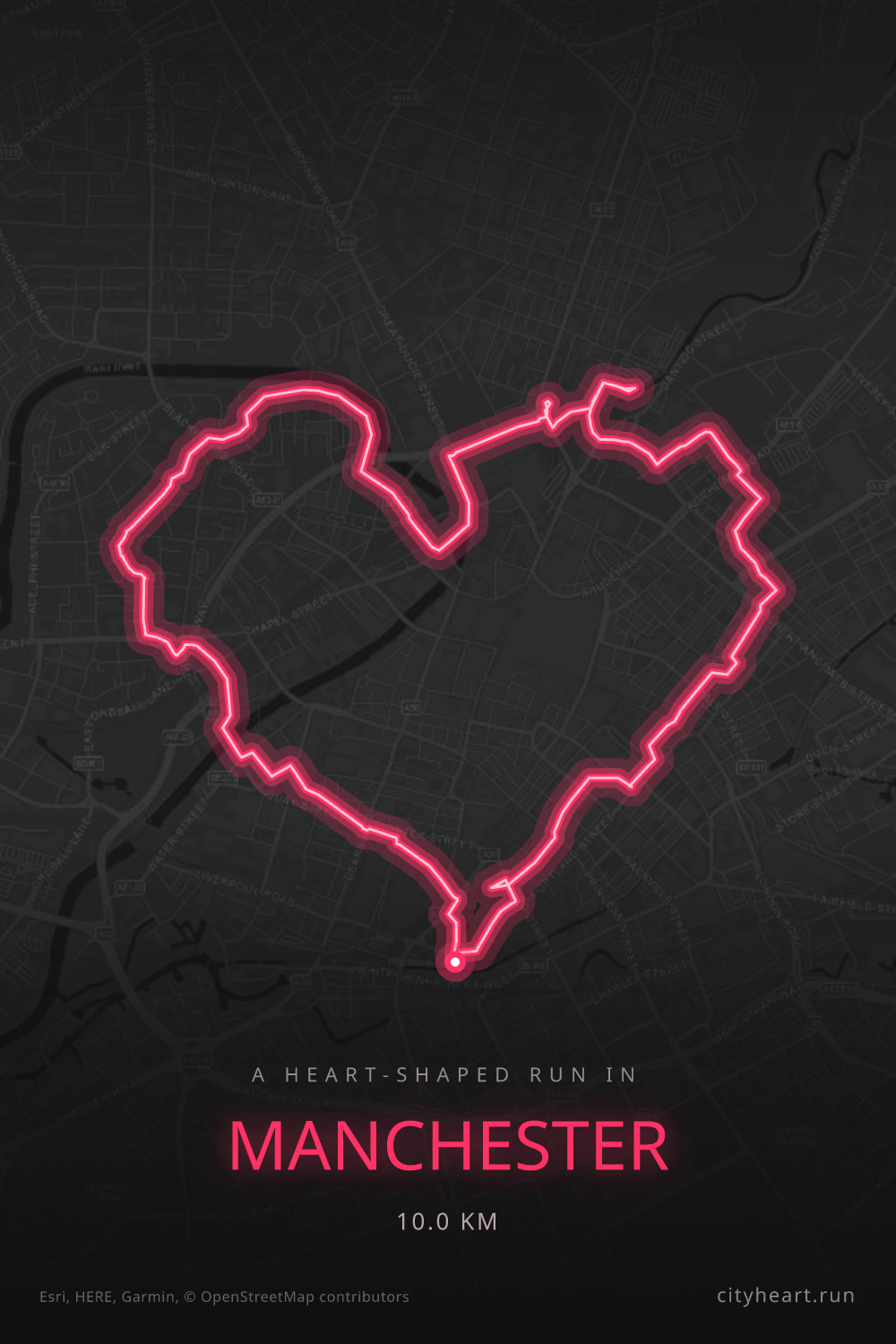 Heart-shaped running route in Manchester, 10.0 km — GPS art for Strava