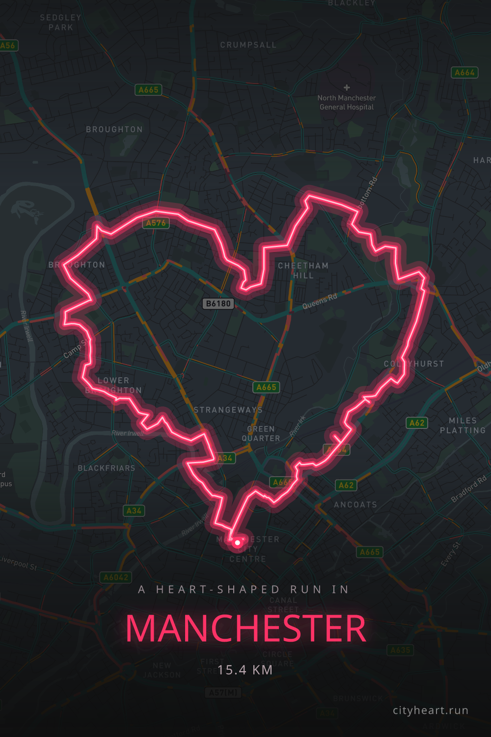 Heart-shaped running route in Manchester, 15.9 km — GPS art for Strava