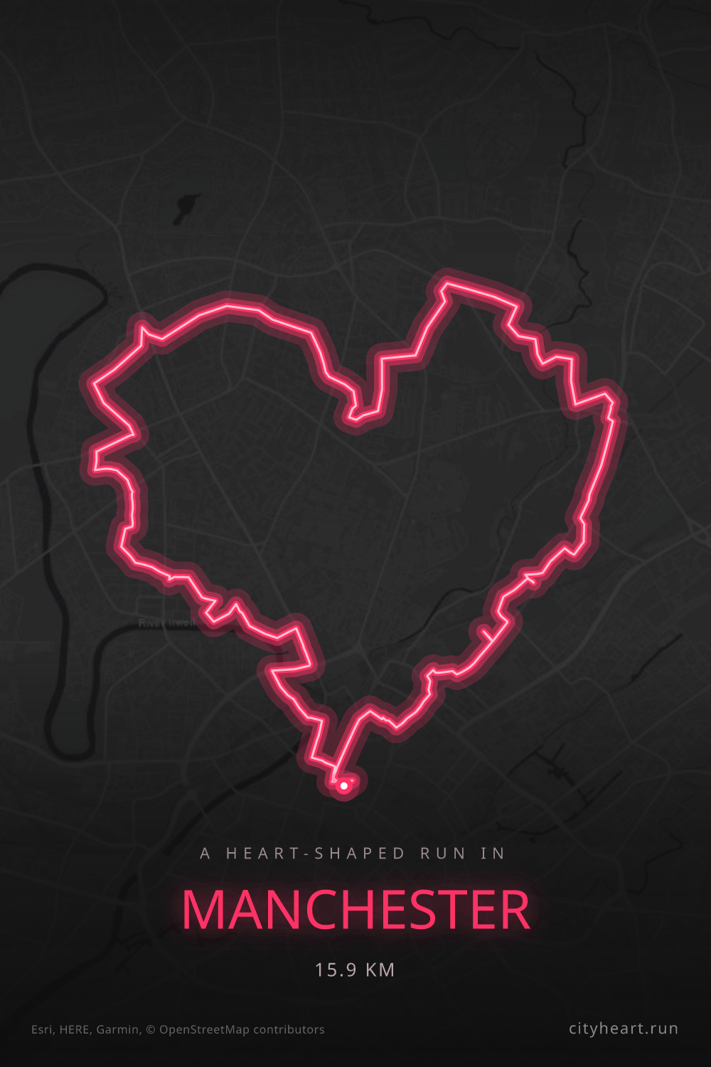 Heart-shaped running route in Manchester, 15.9 km — GPS art for Strava