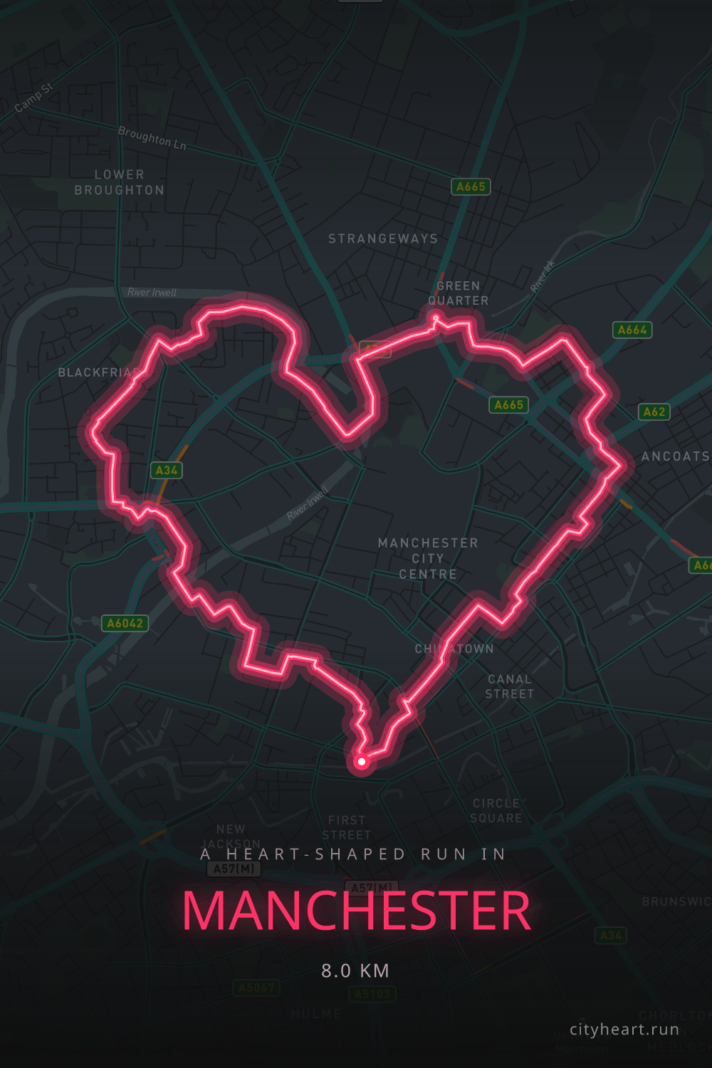 Heart-shaped running route in Manchester, 8.0 km — GPS art for Strava