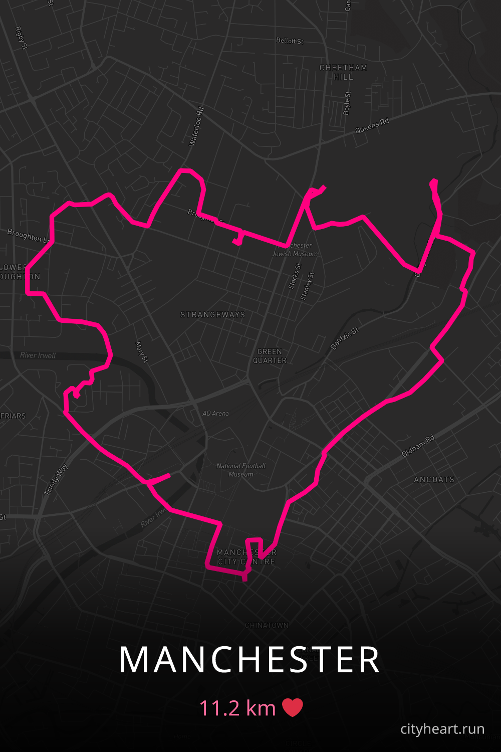 Heart-shaped running route in Manchester, 11.2 km — GPS art for Strava