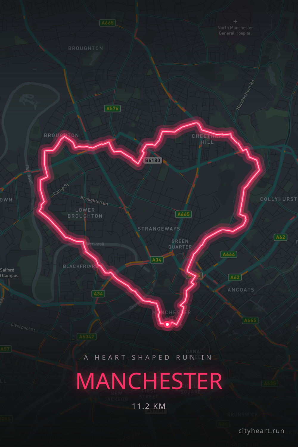 Heart-shaped running route in Manchester, 11.2 km — GPS art for Strava