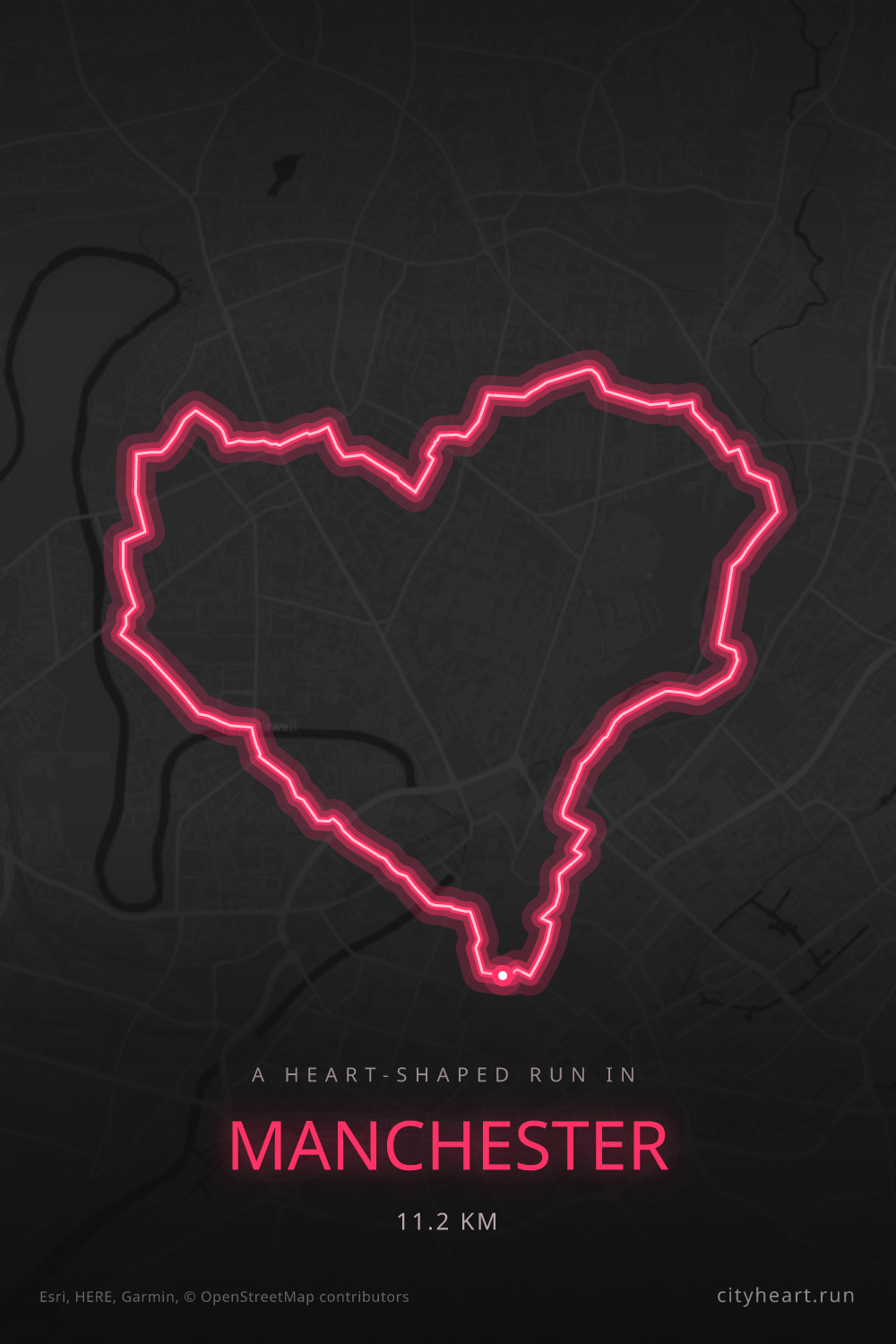 Heart-shaped running route in Manchester, 11.2 km — GPS art for Strava
