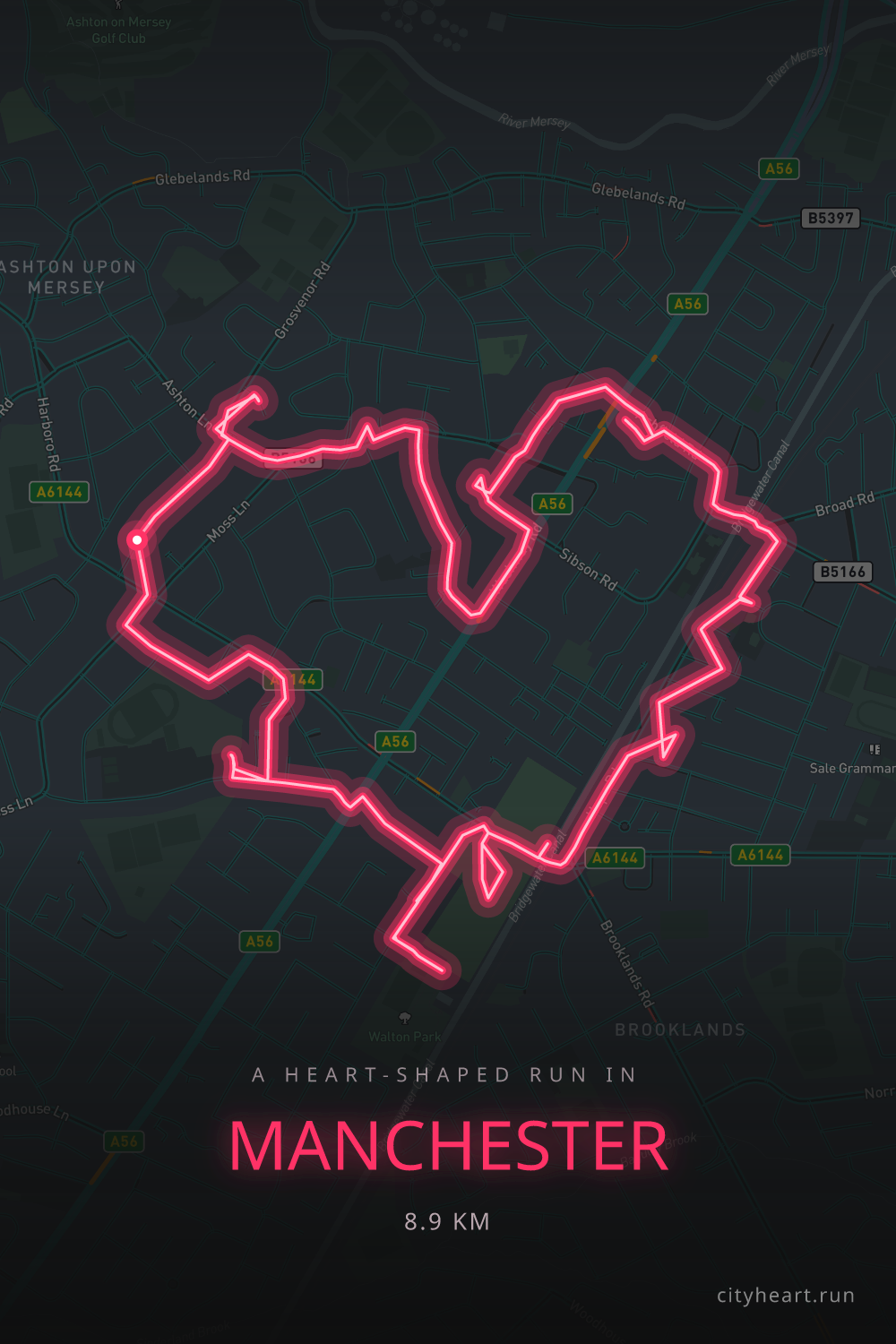 Heart-shaped running route in Manchester, 20.8 km — GPS art for Strava