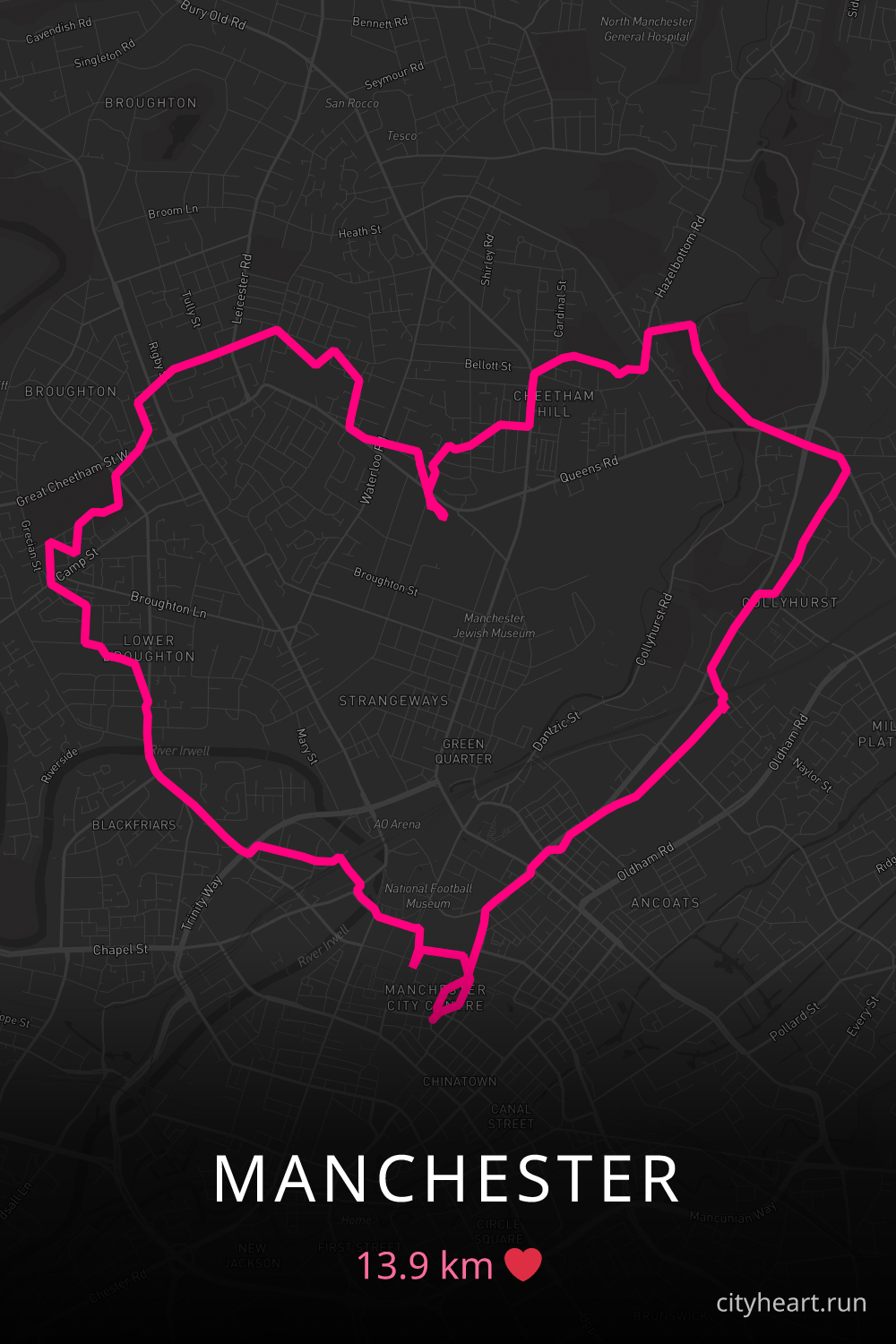 Heart-shaped running route in Manchester, 13.9 km — GPS art for Strava