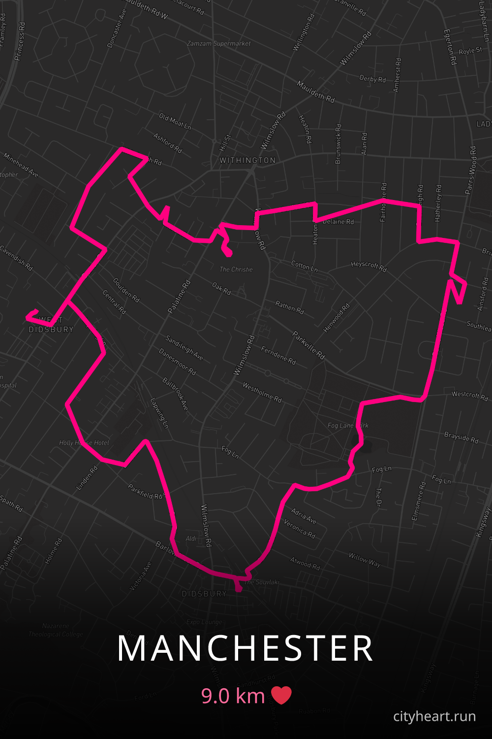 Heart-shaped running route in Manchester, 9.0 km — GPS art for Strava