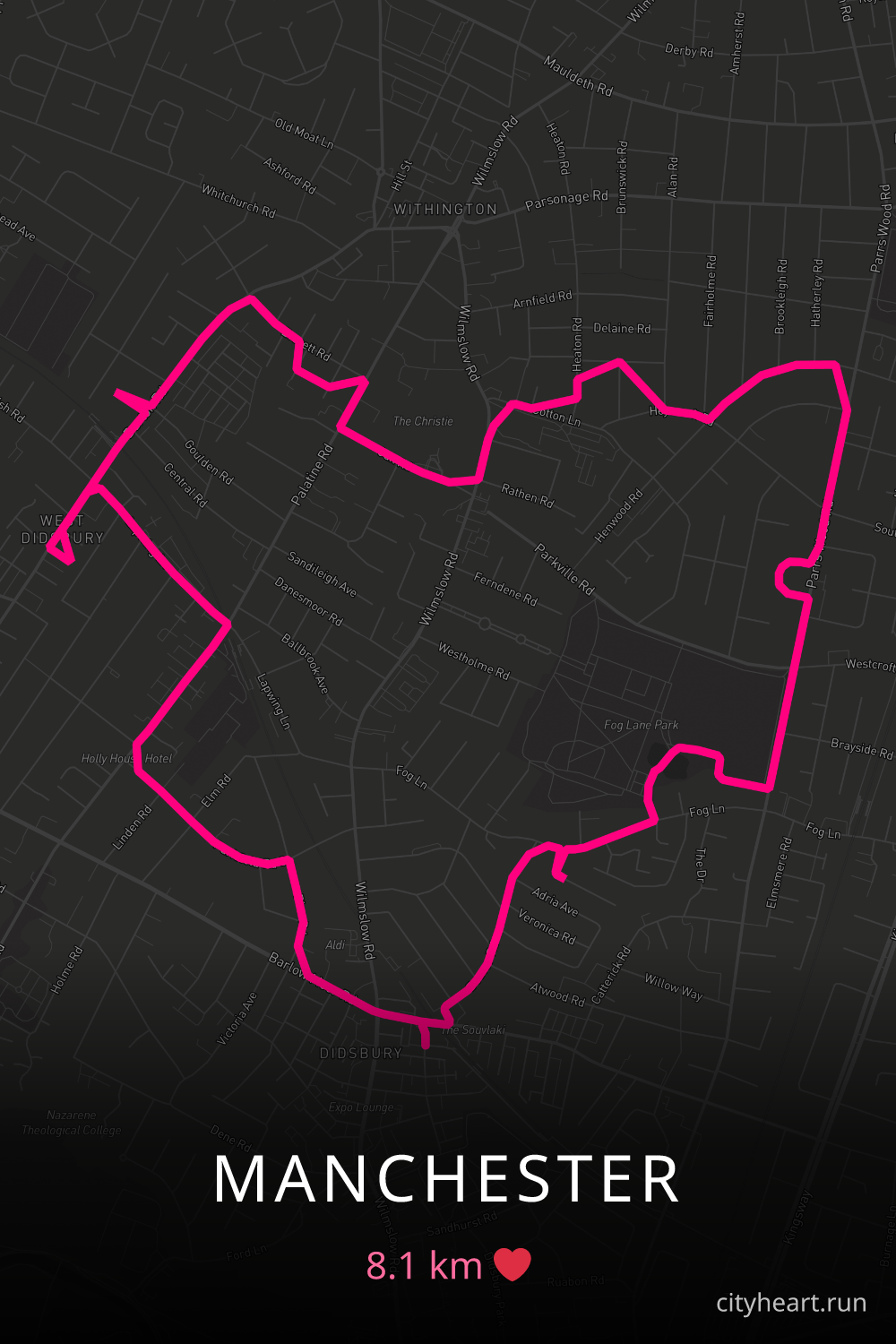 Heart-shaped running route in Manchester, 8.1 km — GPS art for Strava