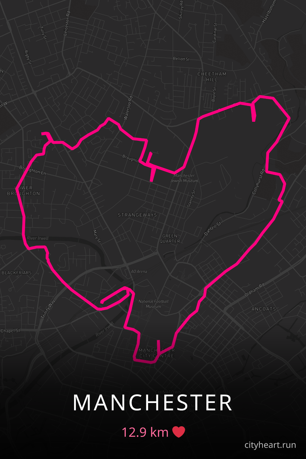 Heart-shaped running route in Manchester, 12.9 km — GPS art for Strava