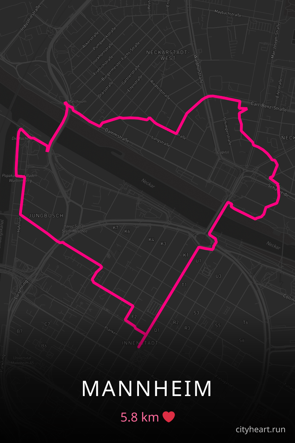 Heart-shaped running route in Mannheim, 5.8 km — GPS art for Strava