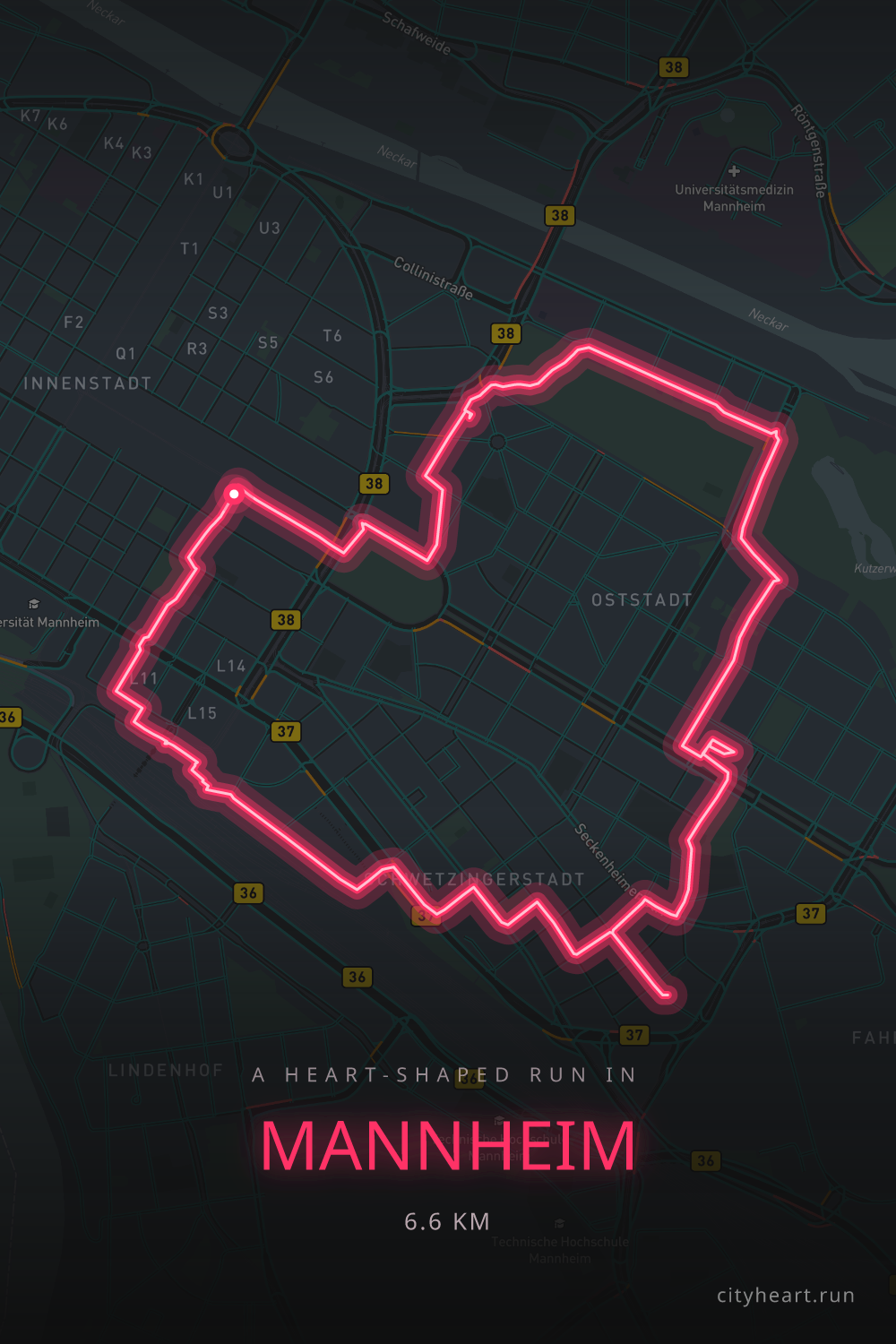 Heart-shaped running route in Mannheim, 7.8 km — GPS art for Strava