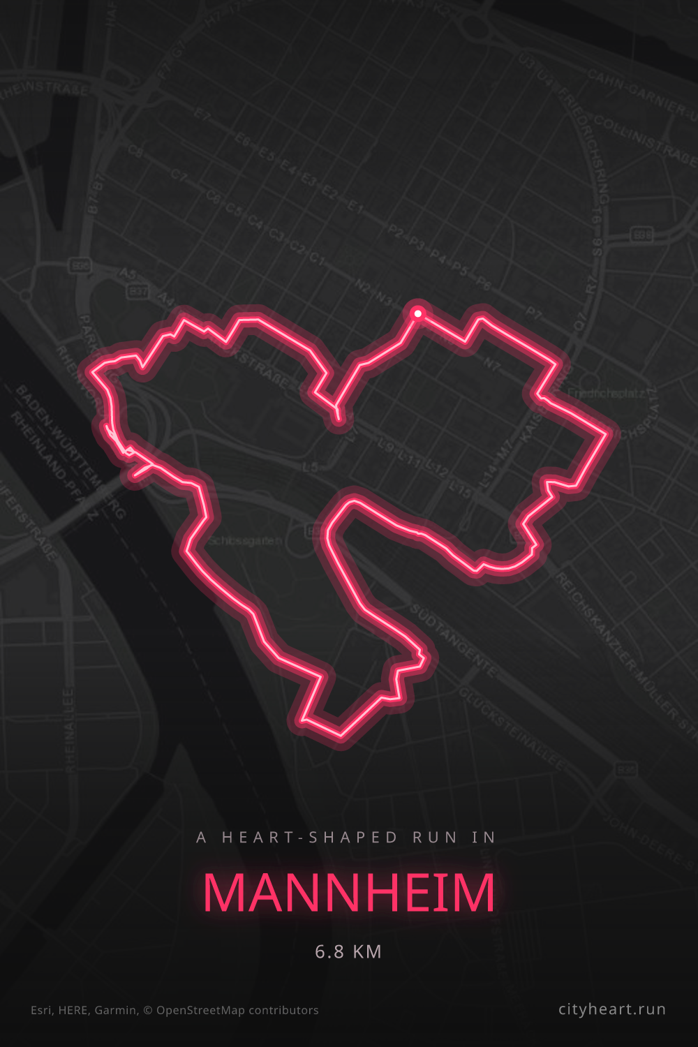 Heart-shaped running route in Mannheim, 6.8 km — GPS art for Strava
