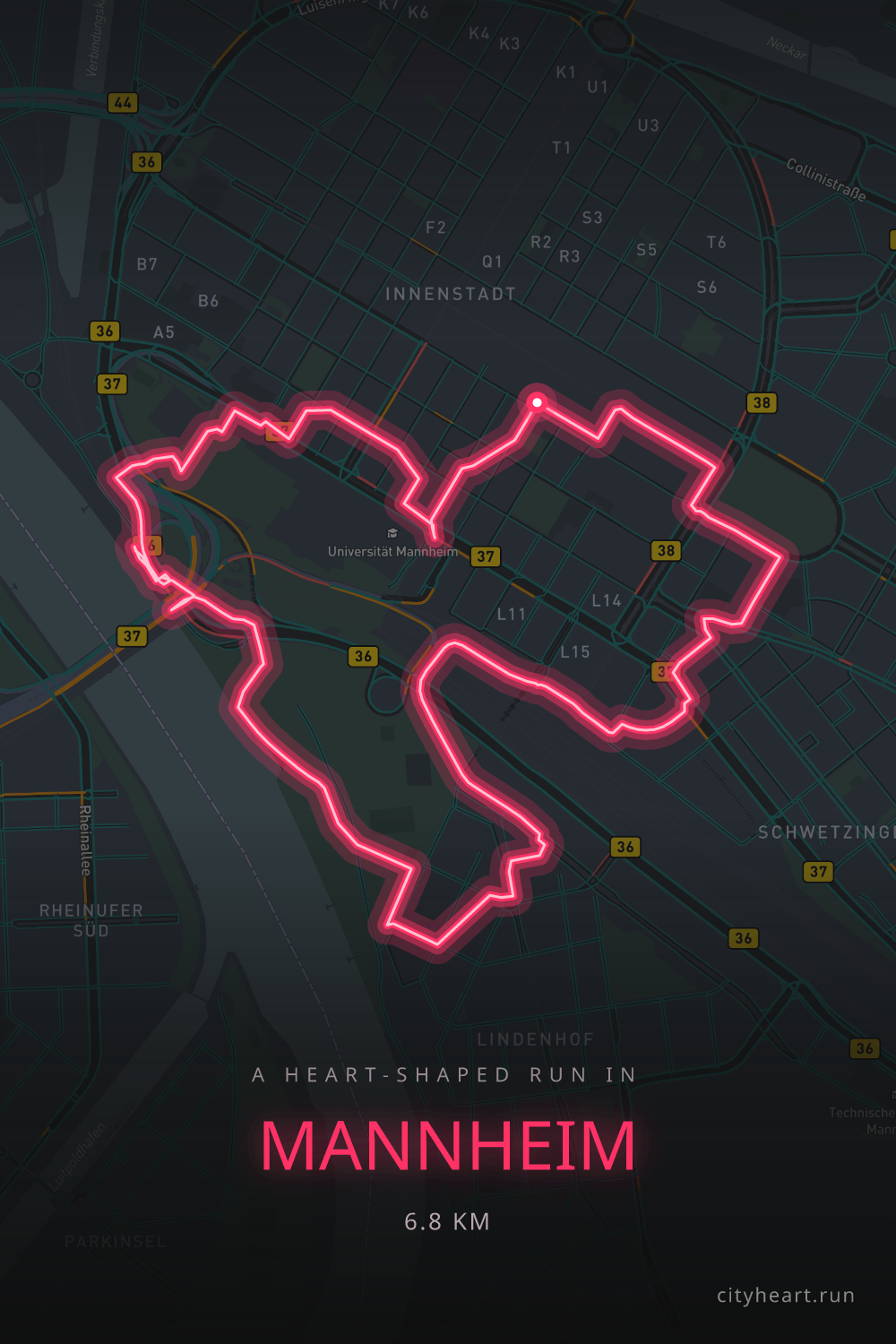 Heart-shaped running route in Mannheim, 6.8 km — GPS art for Strava