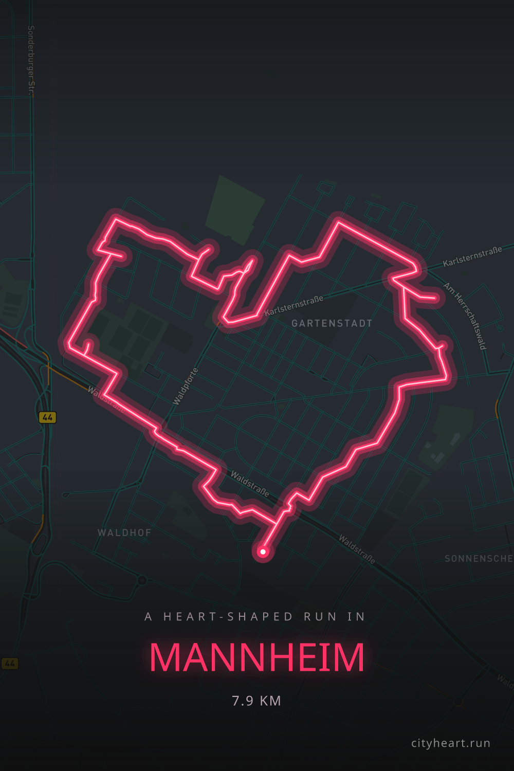 Heart-shaped running route in Mannheim, 7.9 km — GPS art for Strava