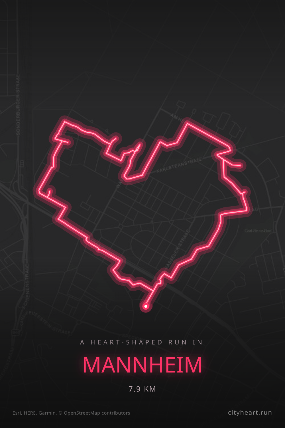Heart-shaped running route in Mannheim, 7.9 km — GPS art for Strava
