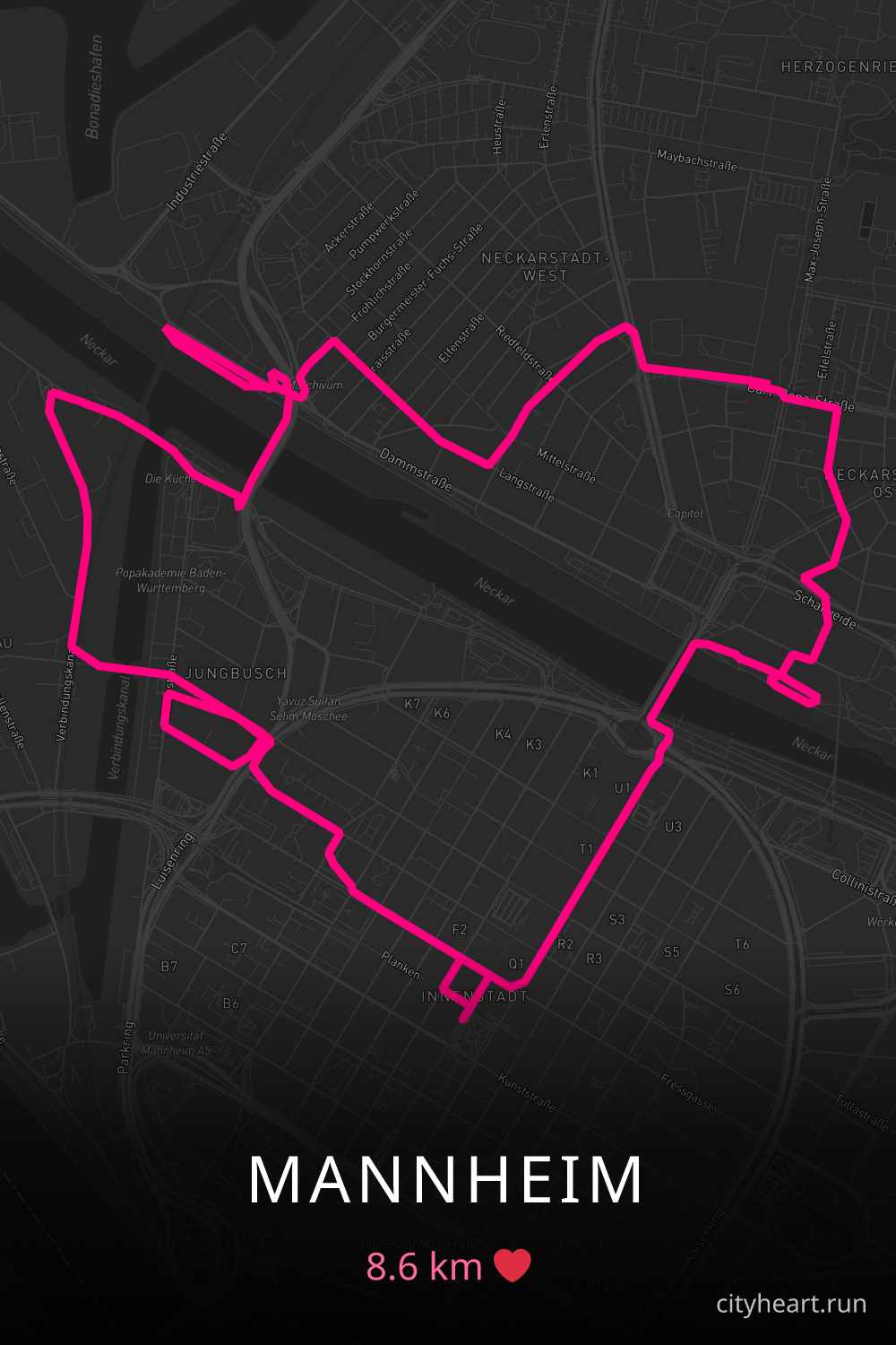 Heart-shaped running route in Mannheim, 8.6 km — GPS art for Strava