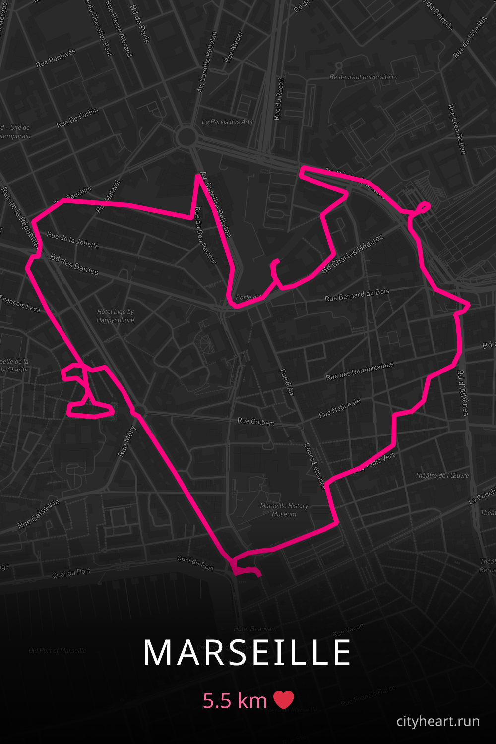 Heart-shaped running route in Marseille, 5.5 km — GPS art for Strava