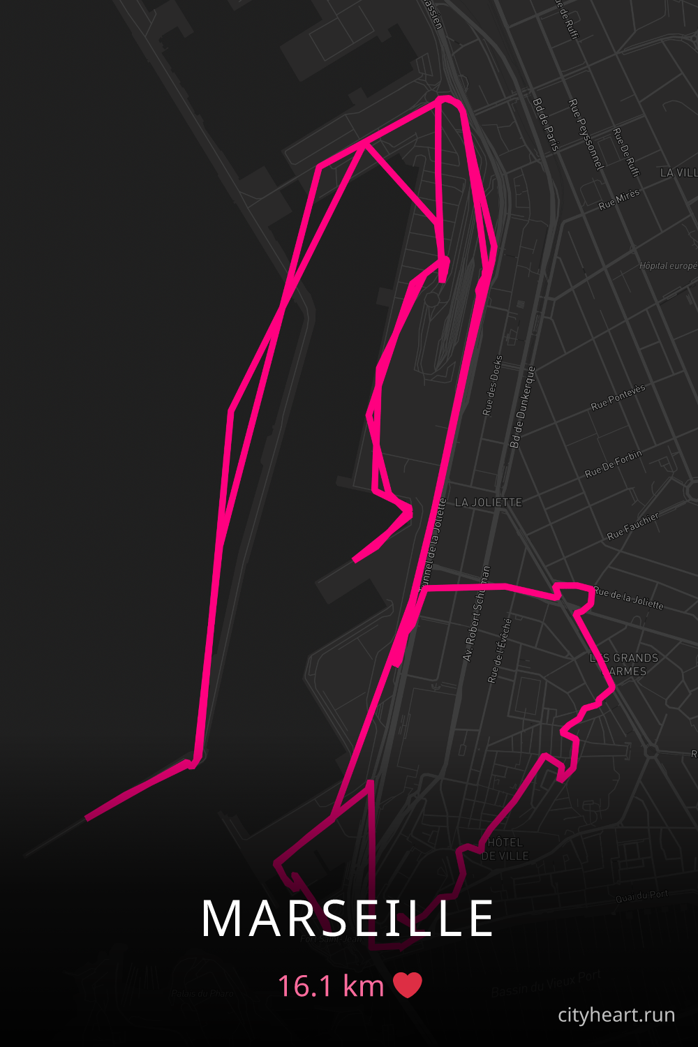 Heart-shaped running route in Marseille, 16.1 km — GPS art for Strava
