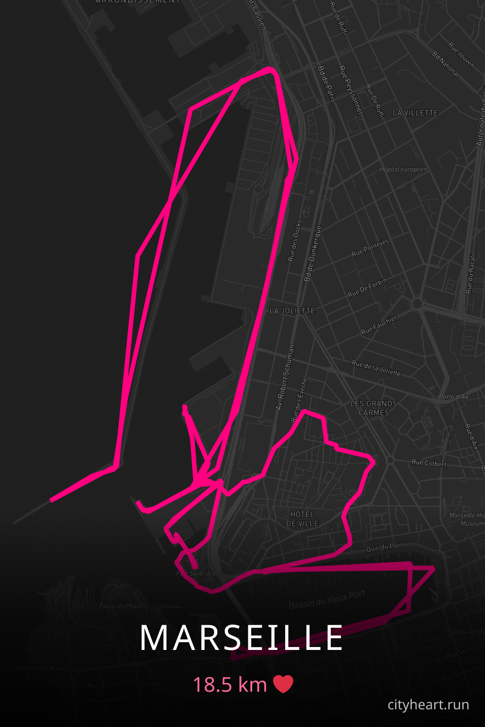 Heart-shaped running route in Marseille, 18.5 km — GPS art for Strava